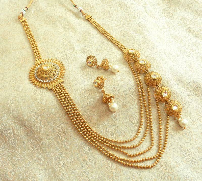 White five string liner long rani haar jewellery necklace set