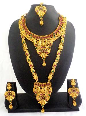 Ruby green copper long short laxmi temple necklace jewellery haaram set for wedding festival 1