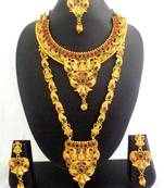 Ruby green copper long short laxmi temple necklace jewellery haaram set for wedding festival