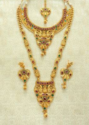 Ruby green copper long short laxmi temple necklace jewellery haaram set for wedding festival 2