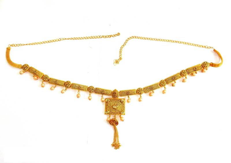 Golden LCT Kundan Pearl Waist Belly Hip Chain Belt Kamarband Keychain Ethnic Wedding Jewelry - LGKB07_LCT