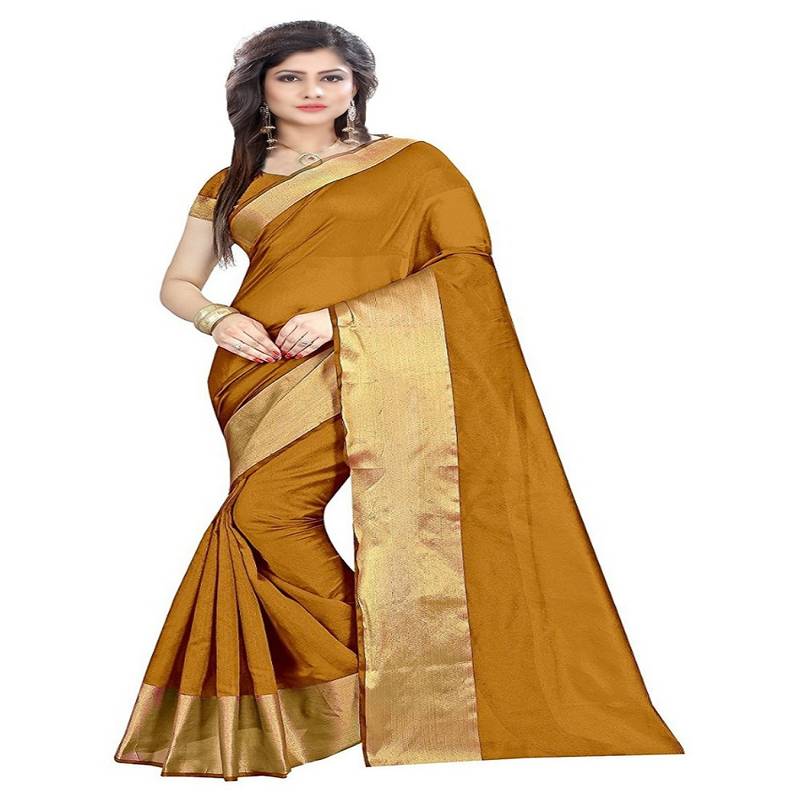 Gold plain cotton silk saree with blouse
