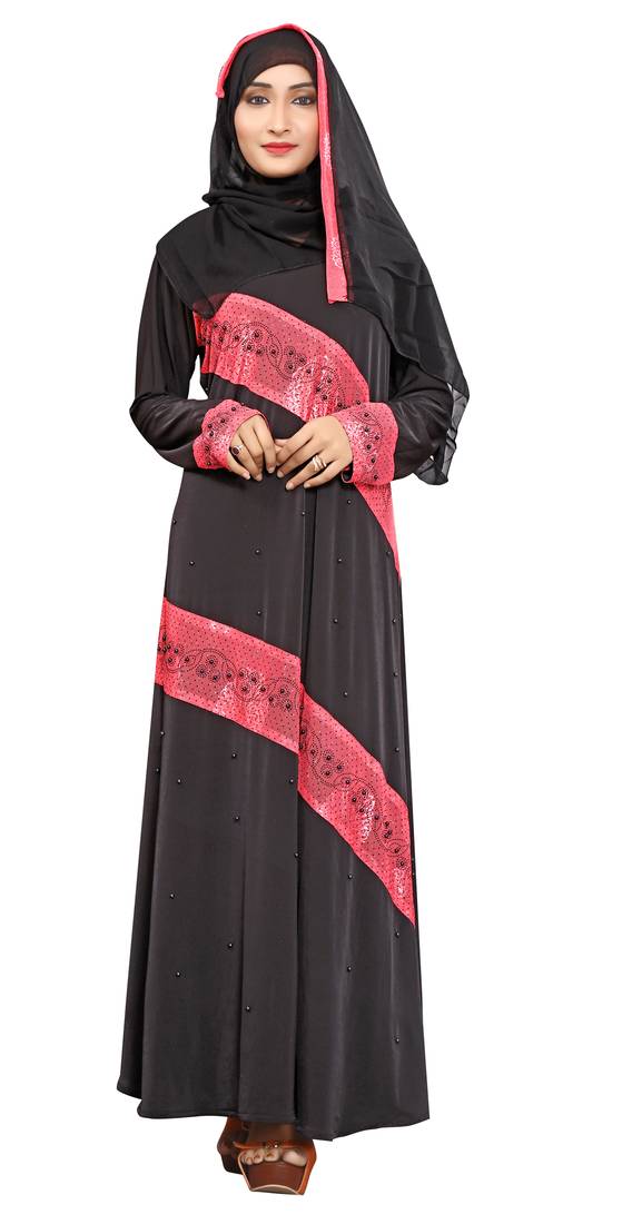 Black Printed Lycra Islamic Style Festive Wear Burka With Hijab