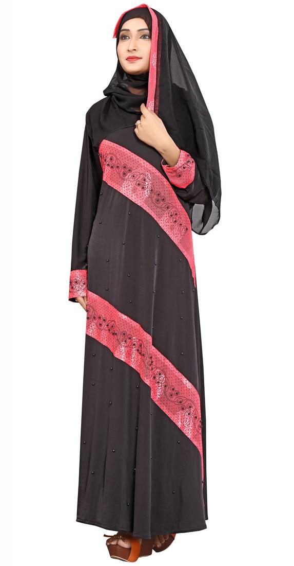 Black Printed Lycra Islamic Style Festive Wear Burka With Hijab - JSDC