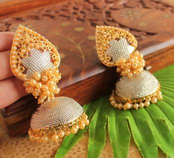 Awesome Pearl Cluster Silver Tone Jhumka 1