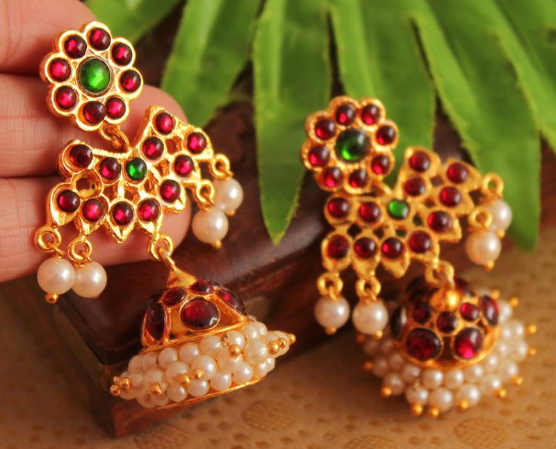 Gorgeous Gold Plated Kemp Green Temple Earrings