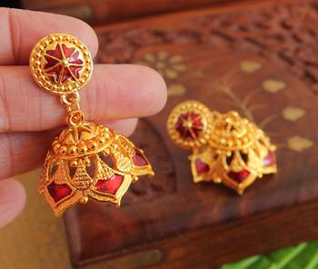 Gorgeous Gold Plated Maroon Palakka Jhumkka    1