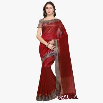 Red Printed Tussar Silk Saree With Blouse 1