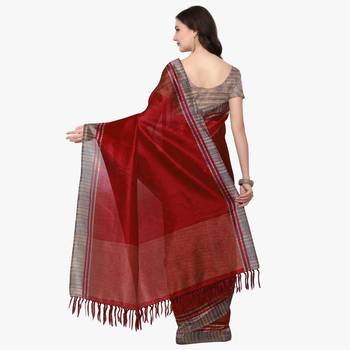 Red Printed Tussar Silk Saree With Blouse 3