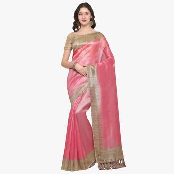 Pink plain semi  tussar silk saree with blouse 1