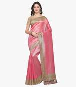 Pink plain semi  tussar silk saree with blouse