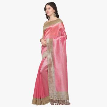 Pink plain semi  tussar silk saree with blouse 2