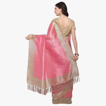 Pink plain semi  tussar silk saree with blouse 3