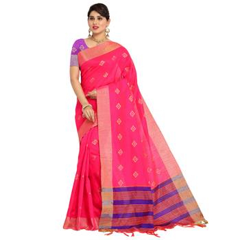 Pink woven cotton silk saree with blouse 4