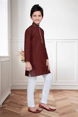 Maroon Cotton Kids Kurta Pyjama For Boys 3