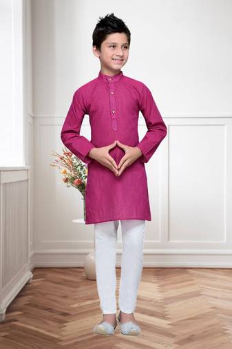 Purple Cotton Kids Kurta Pyjama For Boys
