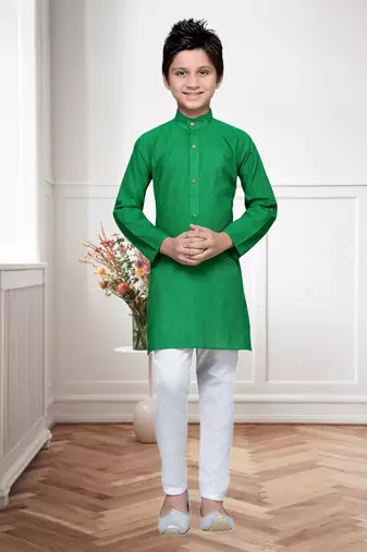 Green Cotton Kids Kurta Pyjama For Boys