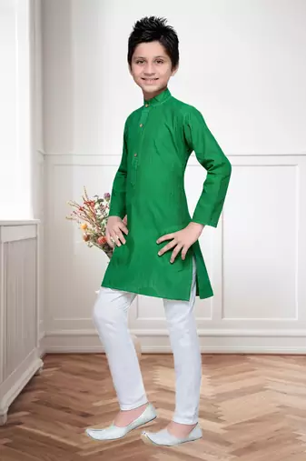 Green Cotton Kids Kurta Pyjama For Boys