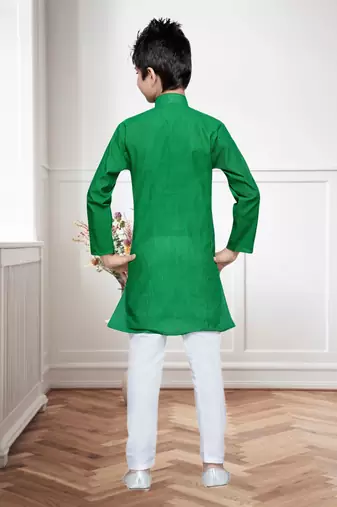 Green Cotton Kids Kurta Pyjama For Boys