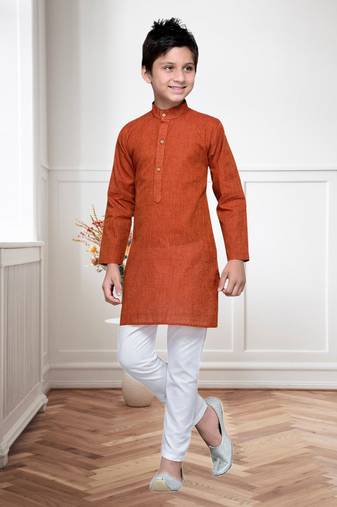 Rust Cotton Kids Kurta Pyjama For Boys