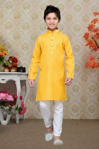 Yellow Cotton Kids Kurta Pyjama For Boys