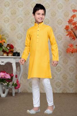 Yellow Cotton Kids Kurta Pyjama For Boys 1