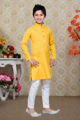 Yellow Cotton Kids Kurta Pyjama For Boys 3