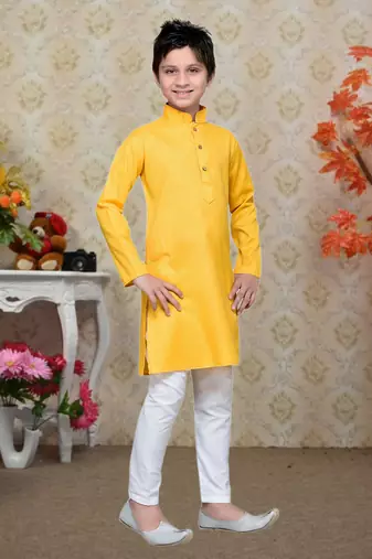 Yellow Cotton Kids Kurta Pyjama For Boys