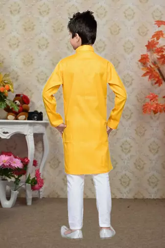 Yellow Cotton Kids Kurta Pyjama For Boys