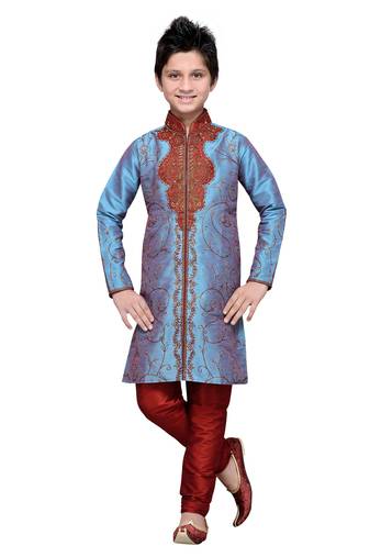 Rama Green Art Silk Kids Kurta Pyjama For Boys