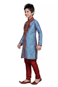 Rama Green Art Silk Kids Kurta Pyjama For Boys
