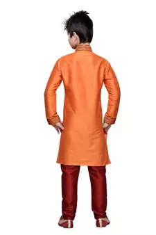 Orange Art Silk Kids Kurta Pyjama For Boys