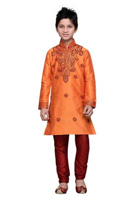 Orange Art Silk Kids Kurta Pyjama For Boys 1