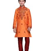 Orange Art Silk Kids Kurta Pyjama For Boys