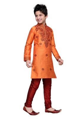 Orange Art Silk Kids Kurta Pyjama For Boys 3