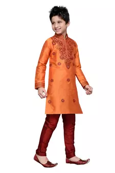 Orange Art Silk Kids Kurta Pyjama For Boys