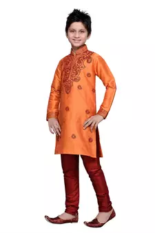 Orange Art Silk Kids Kurta Pyjama For Boys