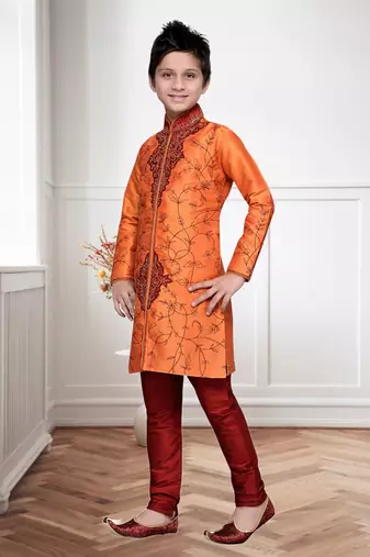 Orange Art Silk Kids Kurta Pyjama For Boys