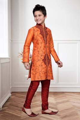 Orange Art Silk Kids Kurta Pyjama For Boys 1