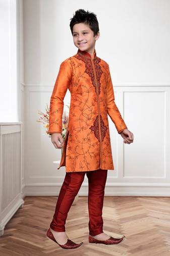 Orange Art Silk Kids Kurta Pyjama For Boys