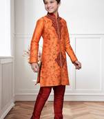 Orange Art Silk Kids Kurta Pyjama For Boys