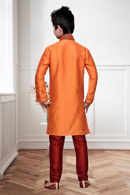 Orange Art Silk Kids Kurta Pyjama For Boys 3