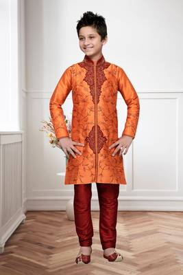 Orange Art Silk Kids Kurta Pyjama For Boys 4