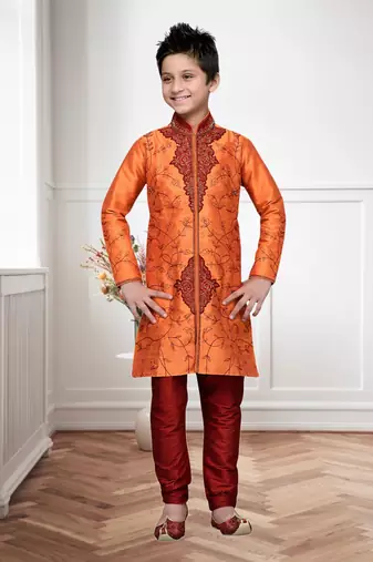 Orange Art Silk Kids Kurta Pyjama For Boys