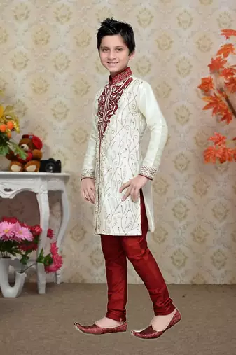 Cream Art Silk Kids Kurta Pyjama For Boys