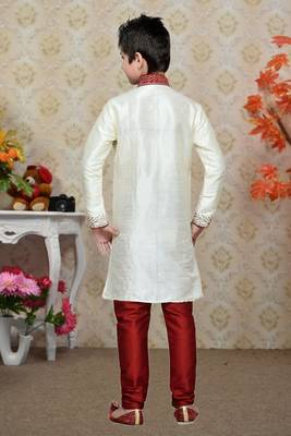 Cream Art Silk Kids Kurta Pyjama For Boys 3