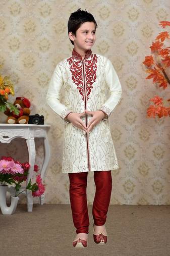 Cream Art Silk Kids Kurta Pyjama For Boys