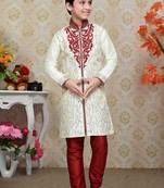 Cream Art Silk Kids Kurta Pyjama For Boys