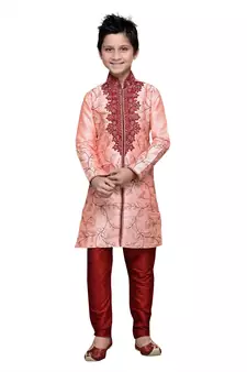 Pink Art Silk Kids Kurta Pyjama For Boys