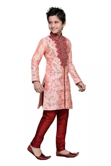 Pink Art Silk Kids Kurta Pyjama For Boys